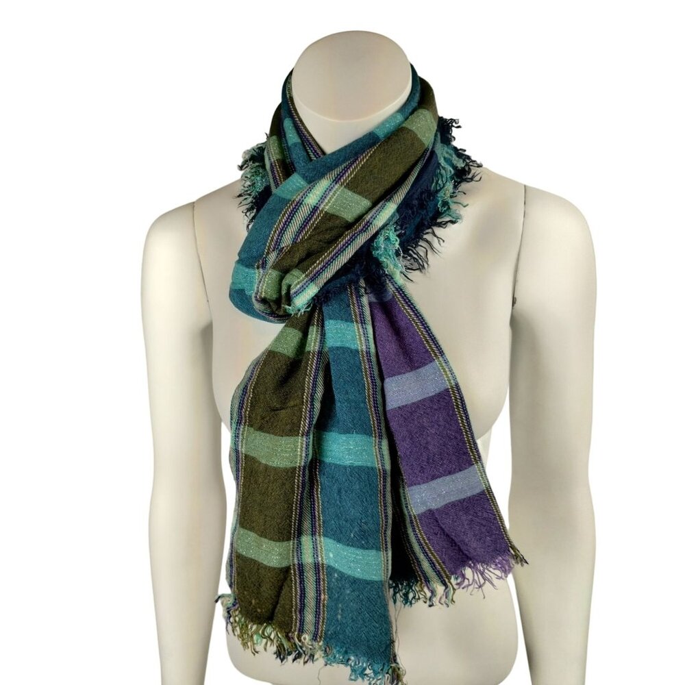 Womens Woven Boho Shimmer Striped Scarf With Fringe